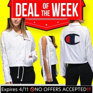 🔥RARE 🆕 Champion Cropped Coaches White Logo Jacket w/ zip sleeves